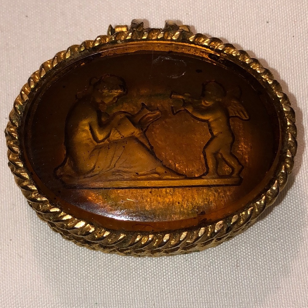 Antique Cameo Amber Beveled Glass angel carved glass gold Perfume Locket Trinket